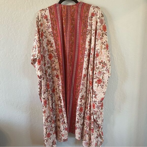 NWT Angie Orange and Cream Floral Open Front Kimono Boho Layering Piece Size L - Picture 3 of 5